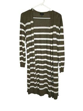Talbots Womens Duster Sweater Green 100% Linen Stripe Long Sleeve Petites Small